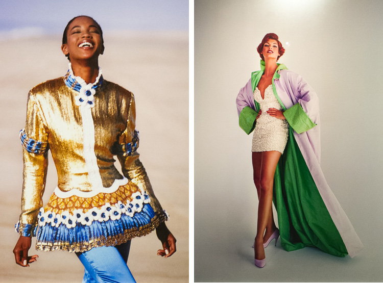 A gauche : Naomi Campbell par Patrick Demarchelier, 1987 A droite : "Send in the Gowns" Linda Evangelista par Patrick Demarchelier, Octobre 1991